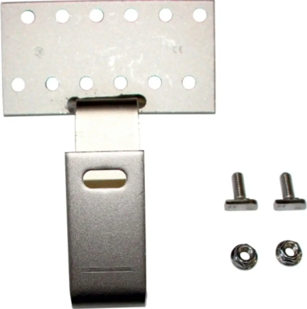 Aluminium-Haken von Wolf mit einer Metallplatte und zwei Schrauben. Die Platte hat mehrere Löcher zur Befestigung. Geeignet für verschiedene Anwendungen.